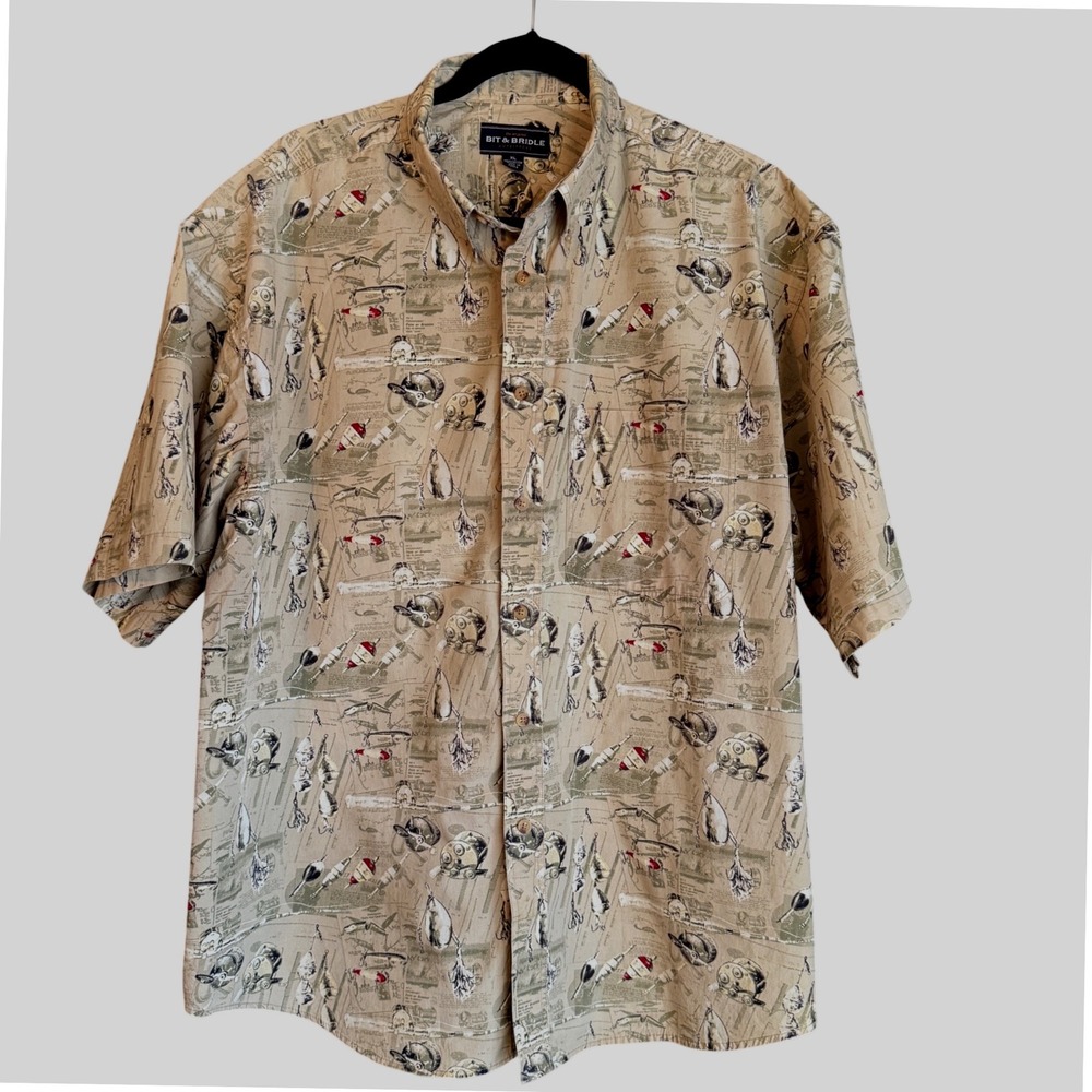 Vintage 90s Bit & Bridle Fishing Print Shirt –‎ Men's XL